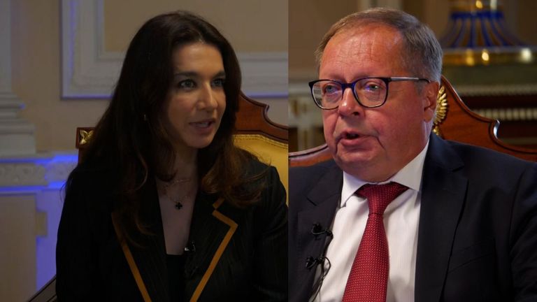 Ruský velvyslanec ve Velké Británii Andrei Kelin hovoří o Sky's Yalda Hakimové o nedávném útoku na ukrajinu na ruský vzdušný prostor a zapojení do Velké Británie do války.
