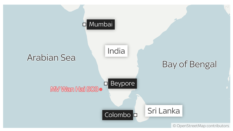 Mapa ukazující umístění MV Wan Hai 503, v ohni u pobřeží Beypore, v indickém státě Kerala