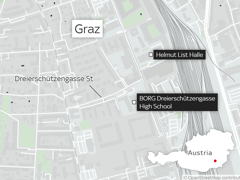 Mapa ukazující Graz v Rakousku, kde došlo ke střelbě školy