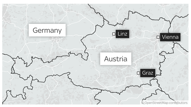 Mapa Rakouska ukazuje umístění Graz
