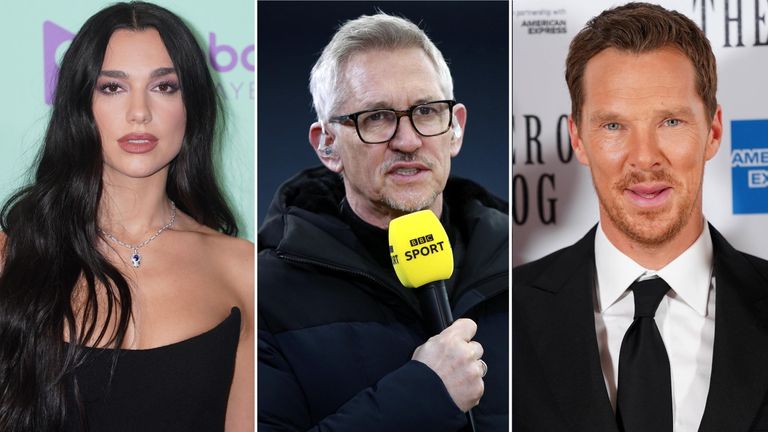 Dua Lipa, Gary Lineker, Benedict Cumberbatch. Fotky: Pa