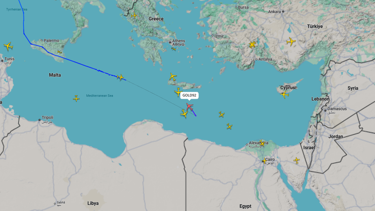 Boeing KC-46A pegasus primárně používaný pro letecké doplňování paliva je pozorován sledováním ve východním Středomoří. PIC: Flightradar24
