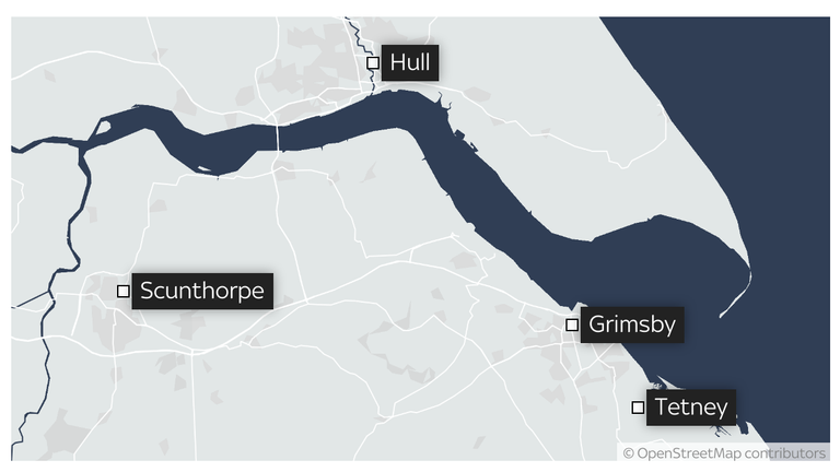 Mapa ukazující Tetneyho ve vztahu k Grimsby