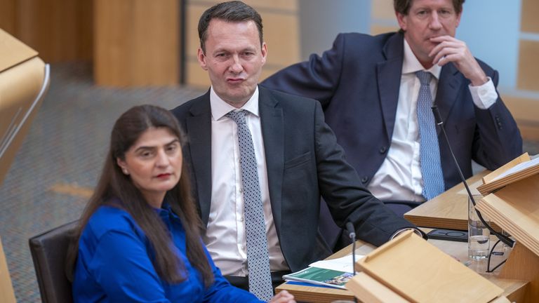 Skotský konzervativní vůdce Russell Findlay během otázek prvního ministra ve skotském parlamentu ve Holyroodu v Edinburghu. Obrázek da