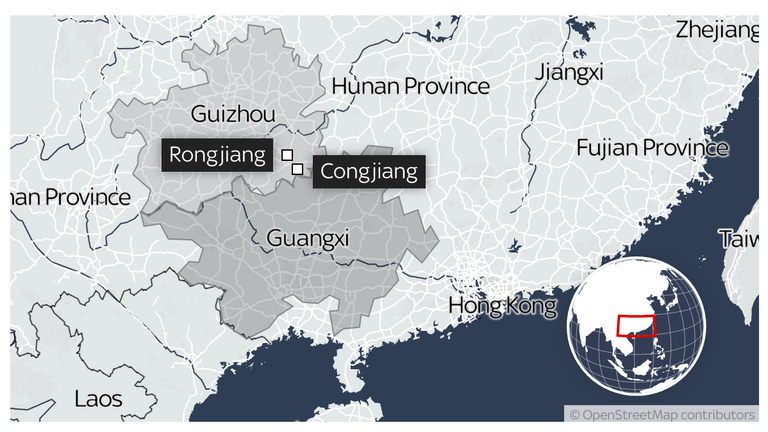 Povodně zasáhly hrabství Rongjiang a Congjiang v provincii Guizhou v Číně