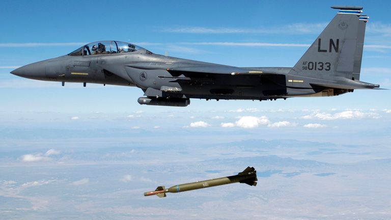 Americké letectvo F-15E Strike Eagle Aircraft z 492. stíhací letky, Royal Air Force (RAF) Lakenheath, Velká Británie (Velká Británie)