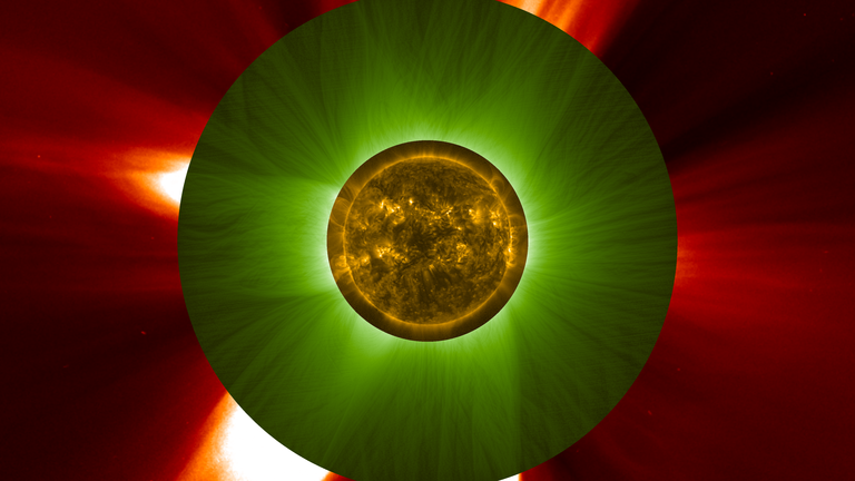 Kombinovaný obrázek vnější korony (červeně), vnitřní korona (v zelené) a slunci (ve žluté barvě). Pic: ESA/NASA