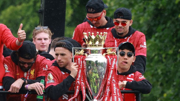 Liverpool Diogo Jota drží trofej Premier League s Wataru Endo a spoluhráči.  Pic: Reuters