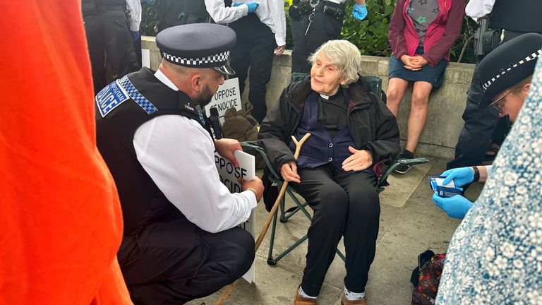 83letá reverend Sue Parfitt hovoří s policií na protestu na náměstí parlamentu v Londýně