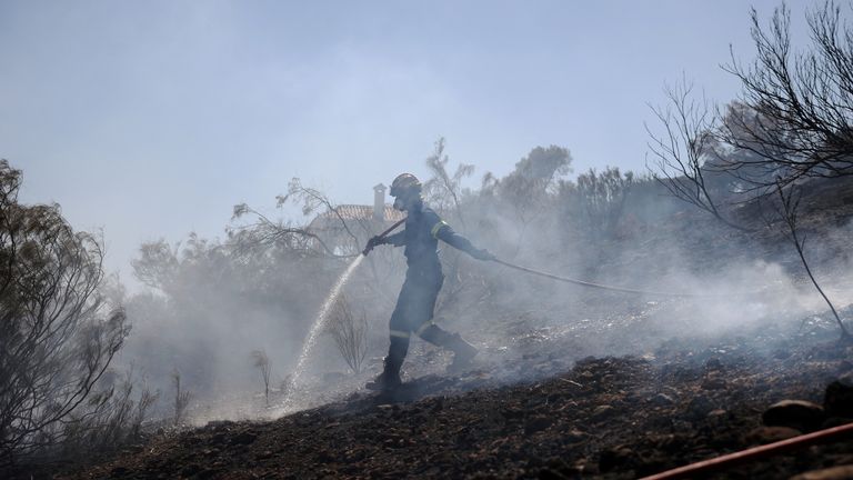 Hasič používá hadici k ochlazení spálené oblasti během požáru ve městě Koropi poblíž Atén. Pic: Reuters