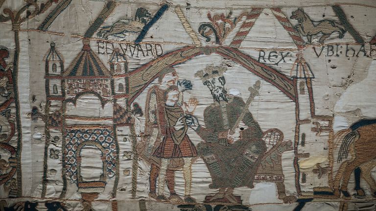 11. století Bayeux Tapestry Chroning the Norman Conquest of Anglie,