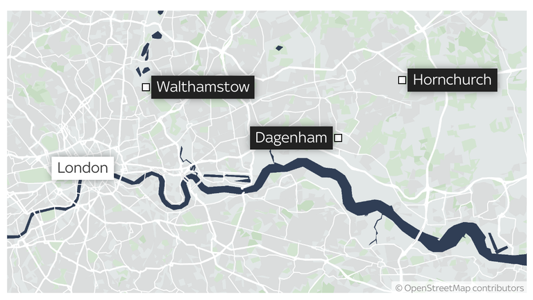 Mapa ukazující Hornchurch, Dagenham a Walthamstow