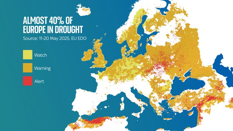 Více než 40% Evropy bylo v suchu od 11. do 20. května 2025. Obrázek: CEMS / EDO