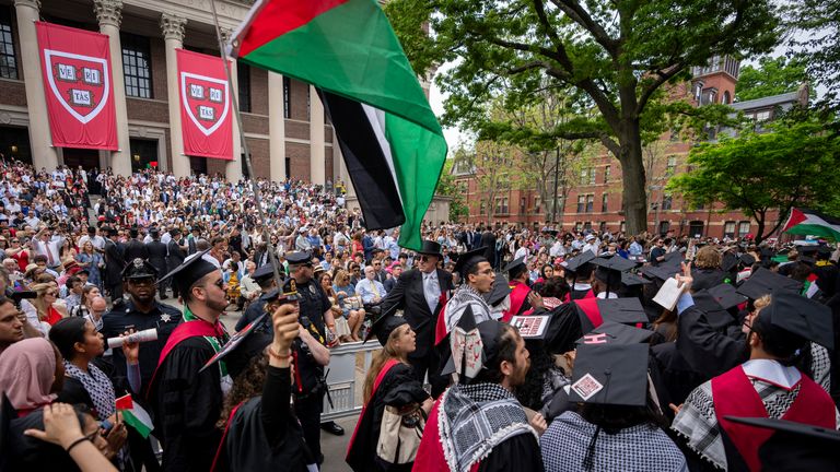 Absolutní studenti drží palestinské vlajky na Harvardské univerzitě v květnu 2024. Soubor Pic: AP/Ben Curtis