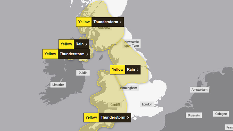 Pro velké části Velké Británie byla vydána žlutá varování počasí. Pic: Met Office