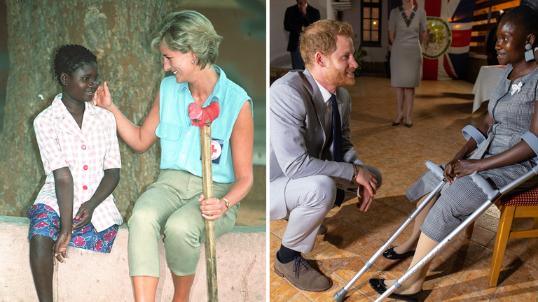 Princ Harry se setkává s obětí Landmine Sandra Tigica v Angole v roce 2019, která se princezna Diana setkala při své návštěvě Angoly v roce 1997.