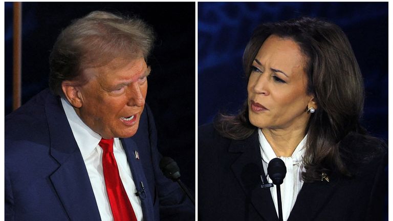 Republikánský prezidentský nominovaný, bývalý americký prezident Donald Trump a demokratický prezidentský nominovaný, americký viceprezident Kamala Harris T