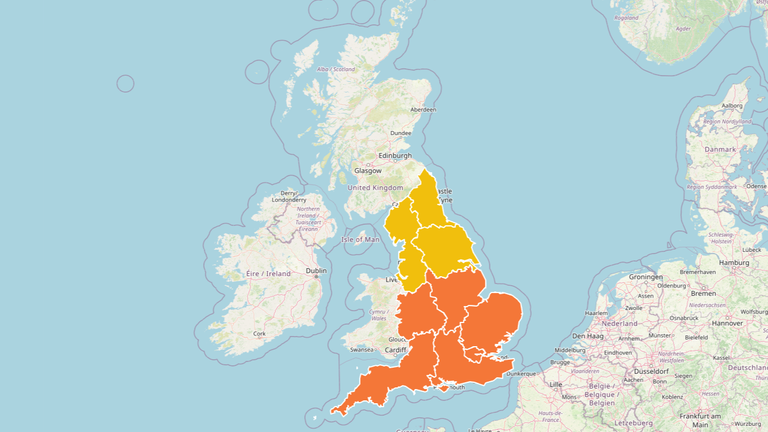 Mapa varování o zdraví tepla na místě pro Anglii 11. července. Pic: UK Agentura pro zdraví