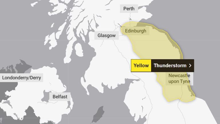 Met Office Yellow Varování pro bouřky - vydáno dne 2. července 2025. Obrázek: Met Office