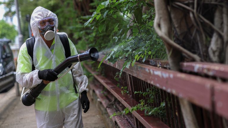 Pracovník postřizuje insekticid po vypuknutí Chikungunya v Číně. Pic: Reuters