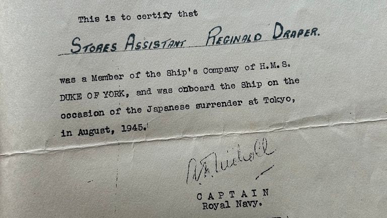 Pan Draper dostal dopis, který uznal jeho přítomnost při kapitulaci. Pic: Royal British Legion/PA