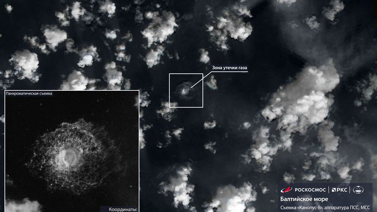 Satelitní obraz ukazuje plyn z potrubí Nord Stream Bublář v Baltském moři. Soubor Pic: Roscosmos přes agenturu Reuters