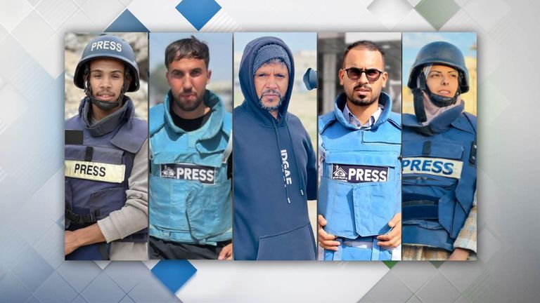 Novináři zabiti v pondělí (LR): Mohammed Salama, Moham, Moaz Abu Taha, Hussam Al Masri, Ahmed Abu Aziz a Mariam Dagga