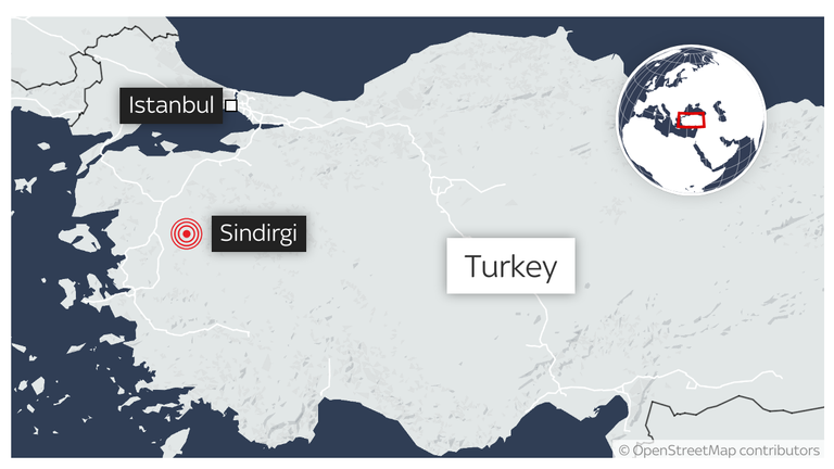 Mapa ukazující umístění zemětřesení v severozápadním Turecku