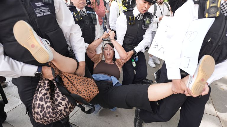 Žena je odtažena policisté po účasti na palestinském protestu na náměstí parlamentu. Pic: Pa