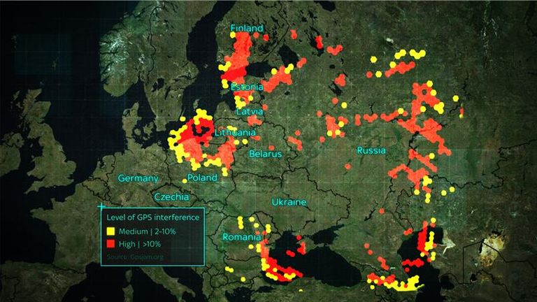 Mapa úrovní rušení GPS detekovaná v Evropě na začátku tohoto roku. Kredit: gpsjam.org