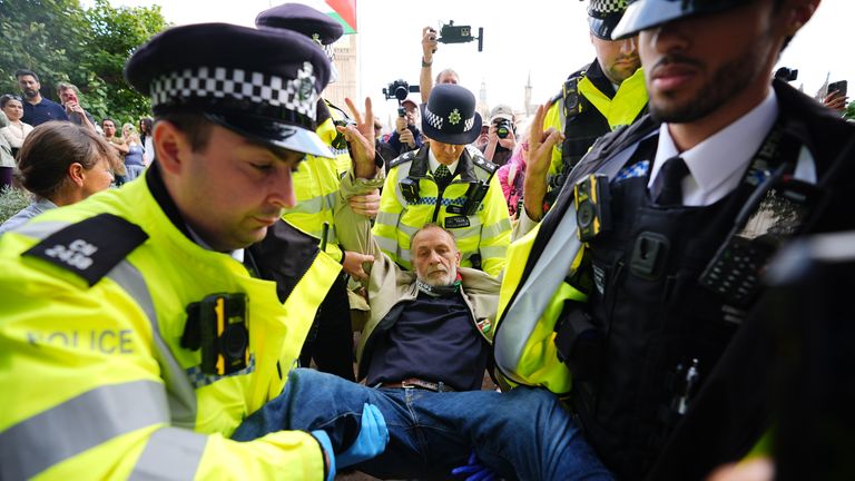 Protestující je unesen policií na náměstí parlamentu. Pic: Pa