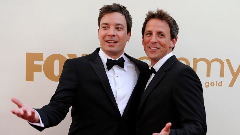 Hostitelé talk show Jimmy Fallon a Seth Meyers. Pic: Ap
