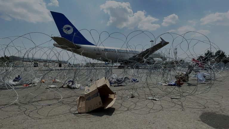 An airliner at Hamid Karzai International Airport a day after U.S troops withdrew from Kabul. Pic: Reuters