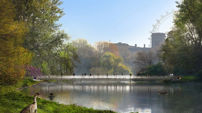 Umělecký dojem na nový most, který má být postaven v parku St James's Park. Pic: PA/Cabinet Office