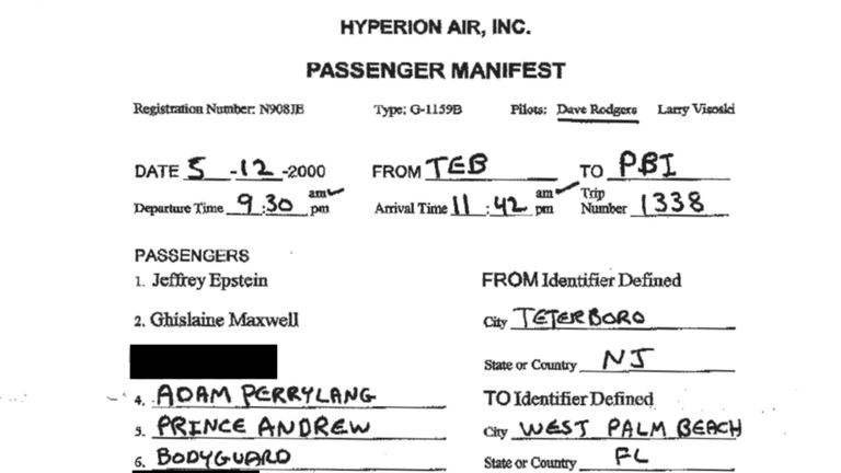 Manifest pro cestující pro let zahrnující Jeffrey Epstein a Maxwell a princ Andrew. Obrázek: Dohled Dems