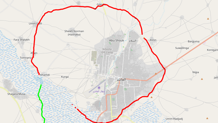 Mapa ukazující bermy obklopující Al Fashir. Pic: Yale School of Public Health