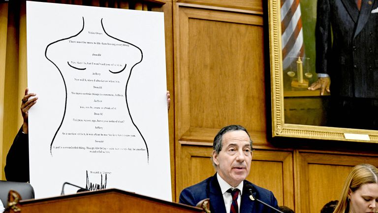 Zástupce Jamie Raskin před údajnou kartou od Trumpa. Pic: Reuters