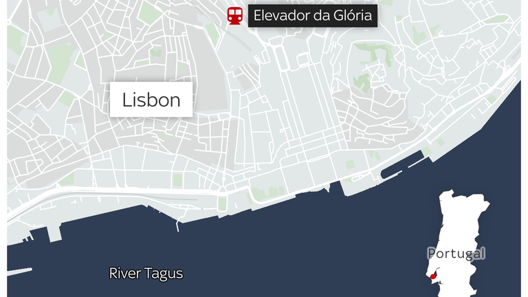 Mapa ukazuje umístění Gloria Funicular v Lisabonu