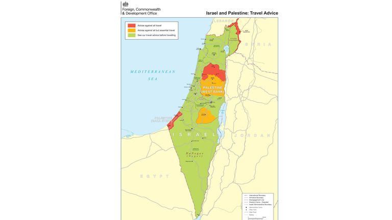 Aktualizovaná mapa Izraele a Palestiny na webových stránkách zahraniční, Commonwealth & Development Office poté, co Spojené království uznalo stát Palestina