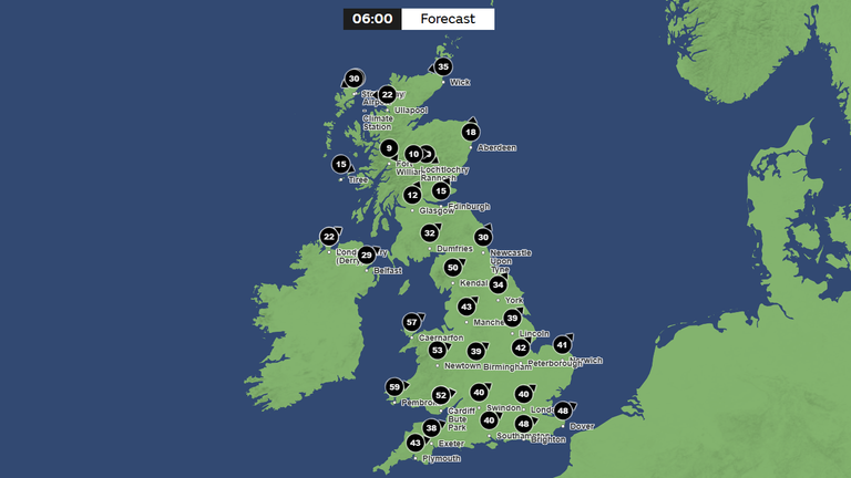Maximální prognóza rychlostí větru pro pondělí ráno. Pic: The Met Office