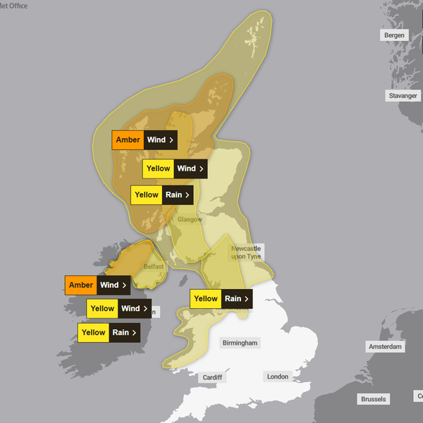 Příklad varování o jantarových a žlutých počasí na místě. Pic: The Met Office