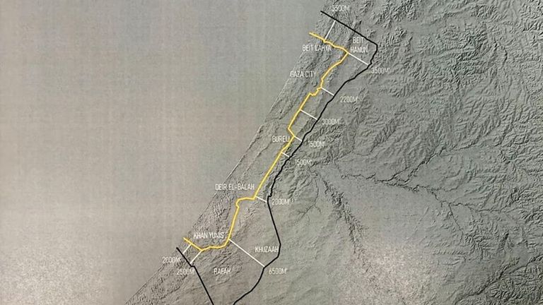 Mapa ukazující „žlutou čáru“ v Gaze, ke které by se jednotky IDF musely odtáhnout zpět