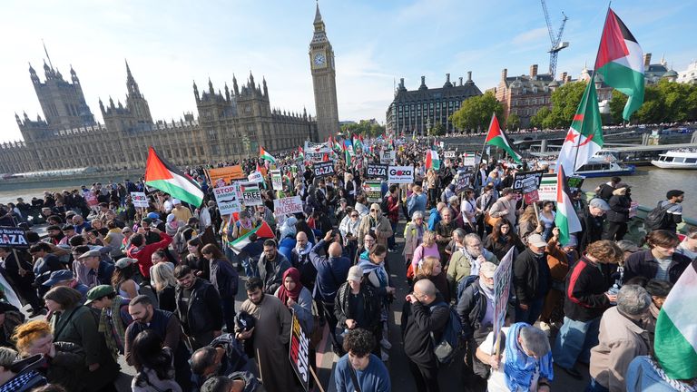 Protestující prošli přes Westminsterský most. Pic: Pa